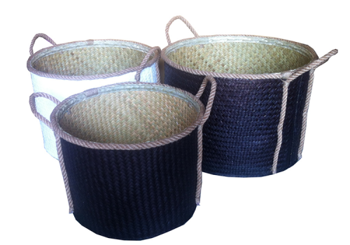 Round palm leaf basket, black color, set 3.