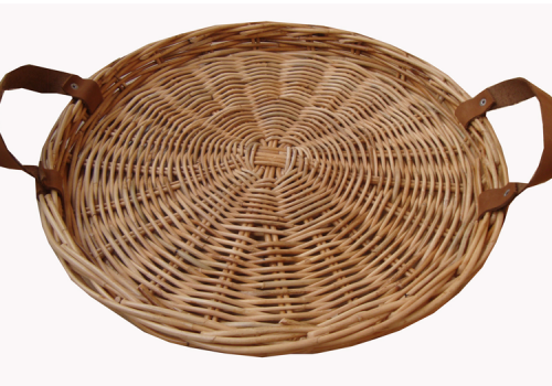 TT- 160707 - Round rattan tray with leather handles.